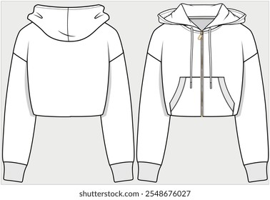 CROP LENGTH HOODIE WITH DROP SHOULDER AND NO WAIST RIB DETAIL DESIGNED FOR WOMEN AND TEEN GIRLS IN  VECTOR ILLUSTRATION FILE