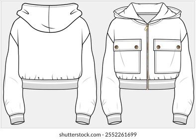 SUDADERA CON CAPUCHA RECORTAR DURACIÓN CON HOMBRO CAÍDO Y DETALLE DE BOLSILLO PARA USO GENERAL DISEÑADA PARA MUJERES Y ADOLESCENTES EN ARCHIVO DE ILUSTRACIÓN VECTORIAL