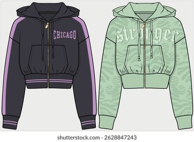 CROP LENGTH HOODIE WITH DROP SHOULDER AND WITH KANGAROO POCKET WITH SPORTY TYPO GRAPHIC DETAIL DESIGNED FOR WOMEN, YOUNG WOMEN AND TEEN GIRLS IN  VECTOR ILLUSTRATION FILE