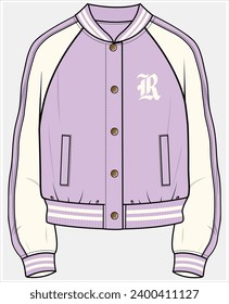 CROP LENGTH VARSITY BOMBER JACKET WITH WELT POCKET DETAIL DESIGNED FOR WOMEN AND TEEN GIRLS IN  VECTOR ILLUSTRATION FILE