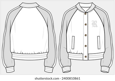 CROP LENGTH VARSITY BOMBER JACKET WITH WELT POCKET DETAIL DESIGNED FOR WOMEN AND TEEN GIRLS IN  VECTOR ILLUSTRATION FILE