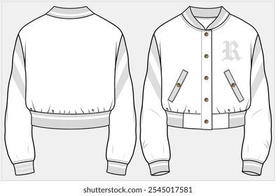 CROP LENGTH VARSITY BOMBER JACKET WITH WELT POCKET DETAIL DESIGNED FOR WOMEN AND TEEN GIRLS IN  VECTOR ILLUSTRATION FILE