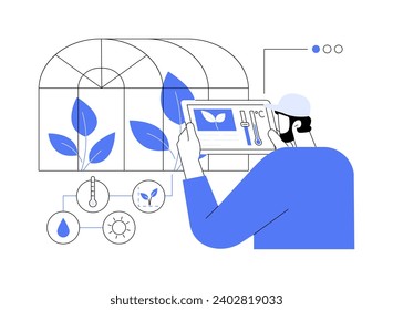 Crop monitoring abstract concept vector illustration. Farmer using gadgets to monitor crop, control changes in light, humidity, temperature, shape and size, smart farming abstract metaphor.