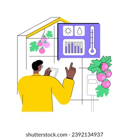 Crop monitoring isolated cartoon vector illustrations. Farmer using gadgets to monitor crop, control changes in light, humidity, temperature, shape and size, smart farming vector cartoon.