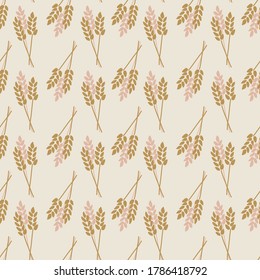 Crop Oat Wheat Barley Rye plant seamless vector background. Stylized autumn nature illustration. Pink brown gold abstract fall pattern flat cartoon style. For fabric, decor, packaging, Thanksgiving