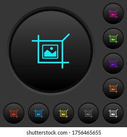 Crop picture dark push buttons with vivid color icons on dark grey background