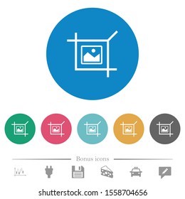 Crop picture flat white icons on round color backgrounds. 6 bonus icons included.
