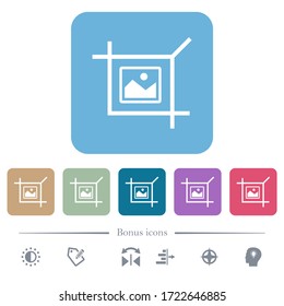 Crop picture white flat icons on color rounded square backgrounds. 6 bonus icons included