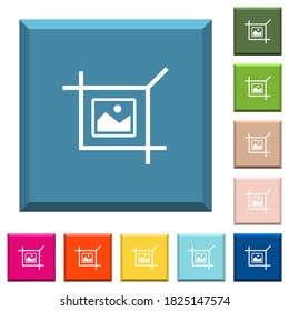 Crop picture white icons on edged square buttons in various trendy colors