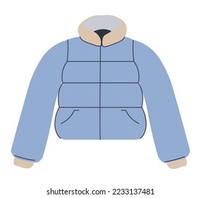 Crop puffer jacket for winter season cold and frosty weather. Isolated clothing for men and women, piece with long sleeves and pockets. Clothes and apparel, outfits. Vector in flat style illustration