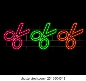 crop, scissors vector icon yellow, pink, blue neon set. Tools vector icon.