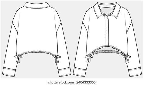 CROP SHIRT WITH LONG SLEEVES AND WAIST TIE UP DETAIL DESIGNED FOR TEEN AND KID GIRLS IN VECTOR ILLUSTRATION FILE