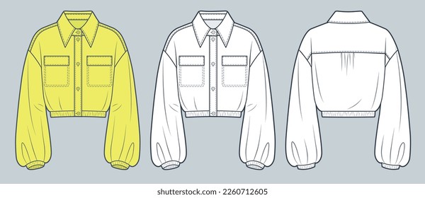 Moda técnica de la camiseta de cultivo Ilustración. Moda de la chaqueta plantilla técnica de dibujo, botón abajo, manga larga, fondo elástico y esposas, bolsillo, frente, retrovista, blanco, amarillo, conjunto de maquillaje CAD unisex