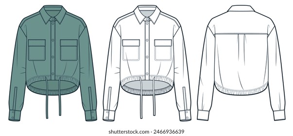 Zuschneiden Shirt technische Mode Illustration. Kragen Shirt Mode flache technische Zeichnung Vorlage, Kordelzug Boden, entspannte Passform, Vorder- und Rückansicht, weiß, grün, Damen, Herren, Unisex CAD Mockup Set.