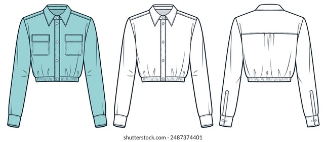 Crop Shirt technical fashion Illustration. Collar Shirt fashion flat technical drawing template, button, cuff sleeve, relaxed fit, front and back view, white, green, women, men, unisex CAD mockup set.