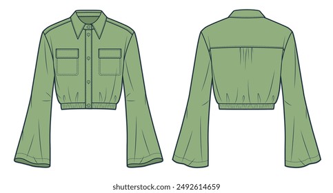 Crop Shirt technical fashion Illustration. Bell Sleeve Shirt fashion flat technical drawing template, button-down, elastic waistband, pocket, front and back view, green, women, men, unisex CAD mockup.