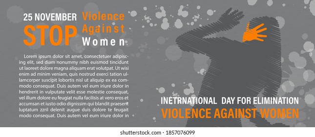 Crop of silhouette scared woman with handprint in draw line style with slogan and name of event, example texts and color splash on gray paper pattern background. Campaign poster in vector design.