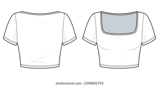 crop slim fit Tee shirt flat technical fashion illustration. Fitted tee shirt fashion flat technical drawing template, with a deep square neckline. front view, back view, white color, CAD mockup set