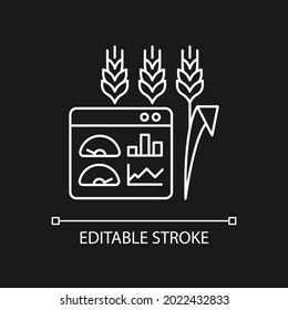 Crop and soil monitoring and management white linear icon for dark theme. Monitoring soil quality. Thin line customizable illustration. Isolated vector contour symbol for night mode. Editable stroke