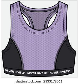 CROP SPORTY RACER BACK SLEEVELESS TOP WITH PRINCESS SEAM DETAIL AND SPORTY TEXT TAPE ON WAIST FOR SUPPORT ATHLEISURE PERFORMANCE KNIT TOP DESIGN FOR WOMEN AND GIRLS IN VECTOR FILE