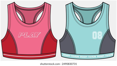 TOP SIN MANGAS RECORTAR SPORTY RACER BACK CON DETALLE DE COSTURA PRINCESA Y TOP DE PUNTO DE DETALLE RECORTADO EN LA ESPALDA DISEÑADO PARA MUJERES Y NIÑAS EN ARCHIVO DE VECTOR