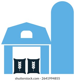 Crop storage icon vector depicting silos, barns, and warehouses for harvested goods. Ideal for illustrating food preservation, grain management, and supply chain logistics.