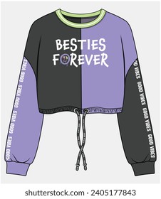 CROP SWEAT TOP WITH CONTRAST CUT AND SEW PANEL DETAIL DESIGNED FOR TEEN GIRLS AND KID GIRLS IN VECTOR ILLUSTRATION FILE