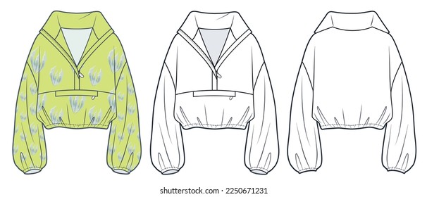 Crop Sweatshirt technical fashion Illustration, floral design. Unisex Jacket fashion flat technical drawing template, zip-up, front and back view, white, lime color, women, men, unisex CAD mock-up set