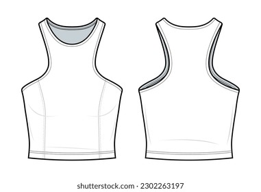 crop tank top fashion flat technical drawing template. razer back tank top technical fashion Illustration. front, and back view. CAD mockup set.