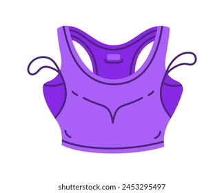 Crop tank top vector illustration. Purple bra for sports, fitness, running, yoga. Comfortable gym clothes, front view. For women, girls. Garment with straps. Hand drawn simple doodle isolated on white