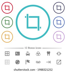 Crop tool flat color icons in circle shape outlines. 12 bonus icons included.