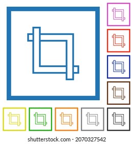 Crop tool flat color icons in square frames on white background