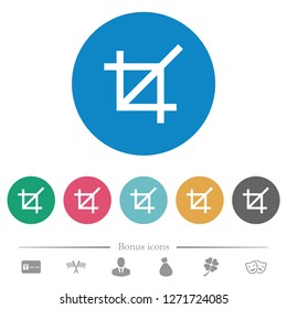 Crop tool flat white icons on round color backgrounds. 6 bonus icons included.