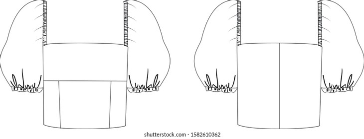 Crop top blouse with puffed slevees have elasticated cuff. Front and back view, vector fashion illustration.