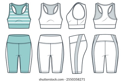 Crop Top and Cycling Shorts technical fashion illustration, striped design. Leggings, Tank Top fashion flat technical drawing template, front, side and back view, white, green, women CAD mockup set.