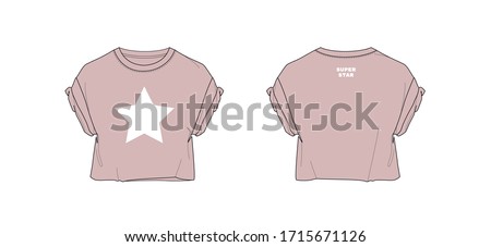 Crop top design with rolled sleeve and raw edge hem, with chest print, flat sketch, front and back views