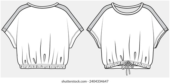 CROP TOP WITH ELASTICATED WAIST AND DOLMAN SLEEVES DETAIL DESIGNED FOR TEEN AND KID GIRLS IN VECTOR ILLUSTRATION FILE