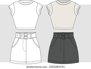 Crop Top and jean skirt for women fashion flat sketch template. Technical fashion illustration. Set of skirt Suit with t shirt technical fashion illustration, two pieces.