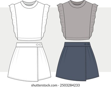 Crop Top and jean skirt for women fashion flat sketch template. Technical fashion illustration. Set of skirt Suit with t shirt technical fashion illustration, two pieces.