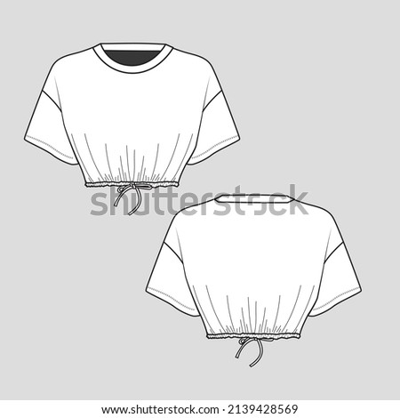 Crop top knotted  elastic tunnel draw string hem gathering detail hem drop shoulder crew neck tie knot  top t shirt blouse  fashion flat sketch drawing template design vector Stock photo © 