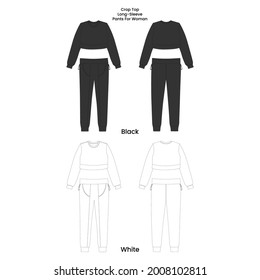 Crop Top Long-Sleeve and Pants for Woman, Mockup Design, Black White, Commercial Use