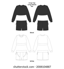 Crop Top Long-Sleeve and Short Pants for Woman, Mockup Design, Black White, Commercial Use