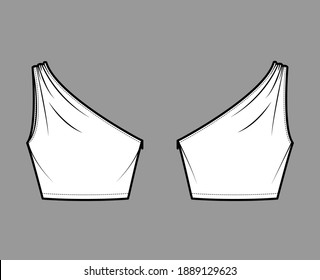 Crop top One-shoulder with ruching tank technical fashion illustration with fitted slim body, waist length. Flat outwear shirt apparel template front, back, white color. Women, men unisex CAD mockup