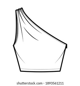 Crop top One-shoulder with ruching tank technical fashion illustration with fitted slim body, waist length. Flat outwear shirt apparel template front, white color. Women, men unisex CAD mockup
