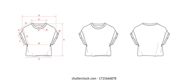 Crop top with rolled-up sleeves, raw edge hem, flat sketch, front and back views, with measurement guide