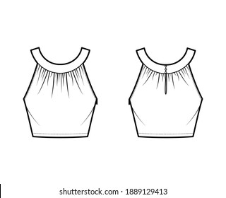 Crop top rounded neck band tank technical fashion illustration with ruching, fitted, button keyhole, waist length. Flat outwear shirt template front, back, white color. Women, men unisex CAD mockup