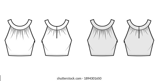 Crop top rounded neck band tank technical fashion illustration with ruching, fitted, button keyhole, waist length. Flat outwear shirt template front, back white grey color. Women men unisex CAD mockup