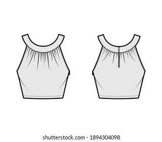 Recortar la parte superior de la banda de cuello redondeado cisterna ilustración técnica de moda con raspado, montado, agujero de cerradura del botón, longitud de la cintura. Plantilla de camisa de ropa interior plana delante, atrás, color gris. Mujeres, hombres unisex CAD mockup