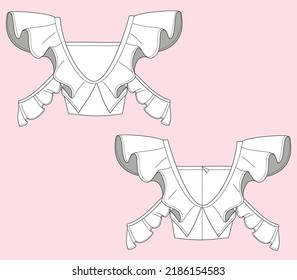 Crop Top Ruffle Sleeves Flat Sketch Fashion Template. Technical Fashion Illustration for Girl. Font and back view. Vector, adobe illustrator