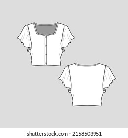 crop top Ruffles sleeve button panel  fashion neck  cropped top t shirt blouse clothing flat sketch technical drawing template design vector